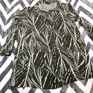 Zac & Rachel Olive Green White Tropical Print Blouse L 3/4 Sleeve Button Front